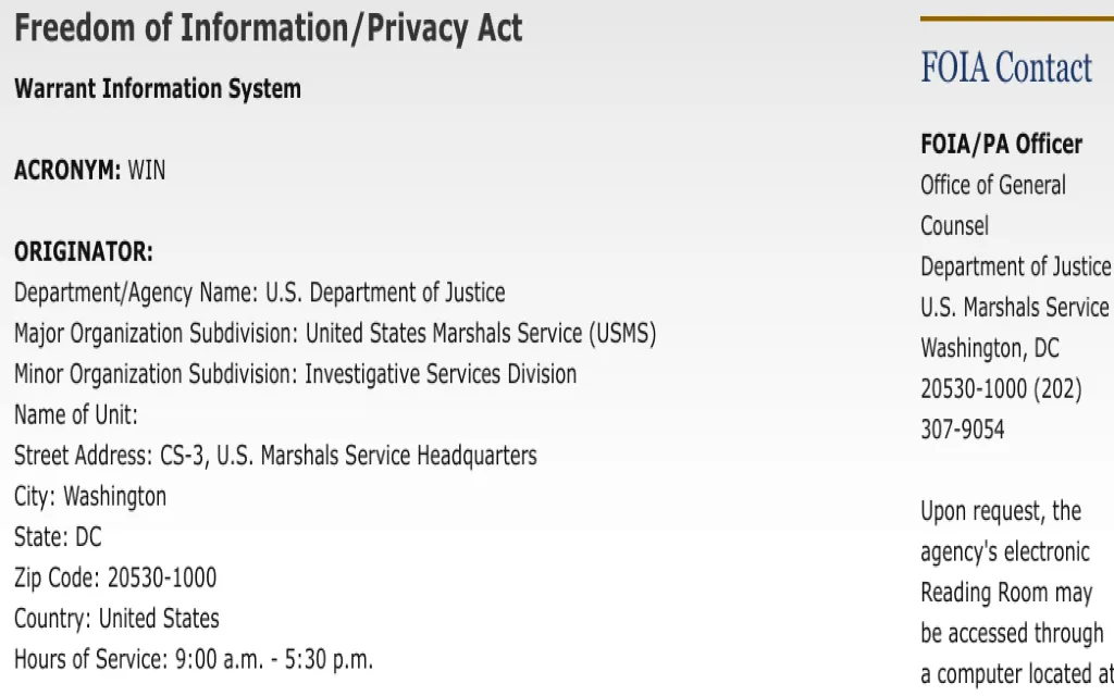 Freedom of Information and Privacy Act Warrant Information System (WIN) contact information to request electronic warrant records.