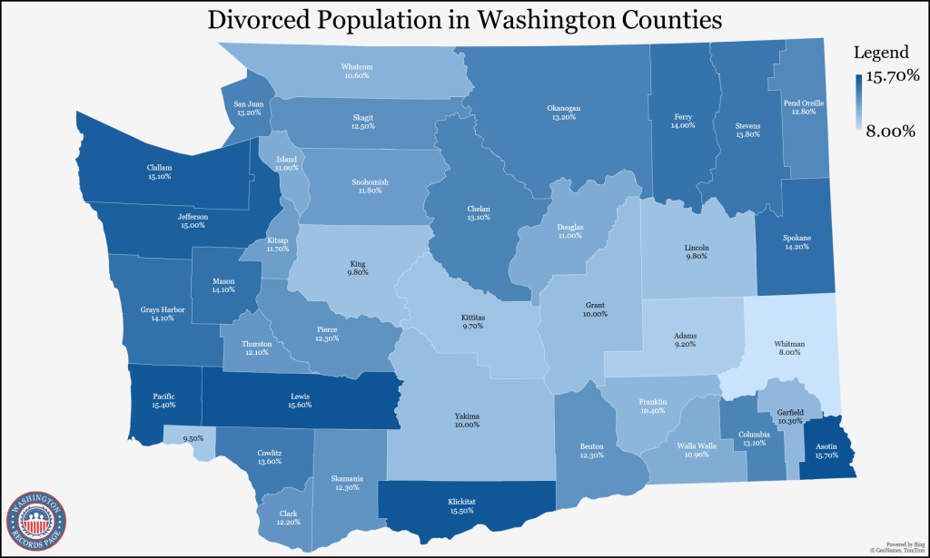 An image showing the percentage of people divorced in every Washington Counties presented through a map.