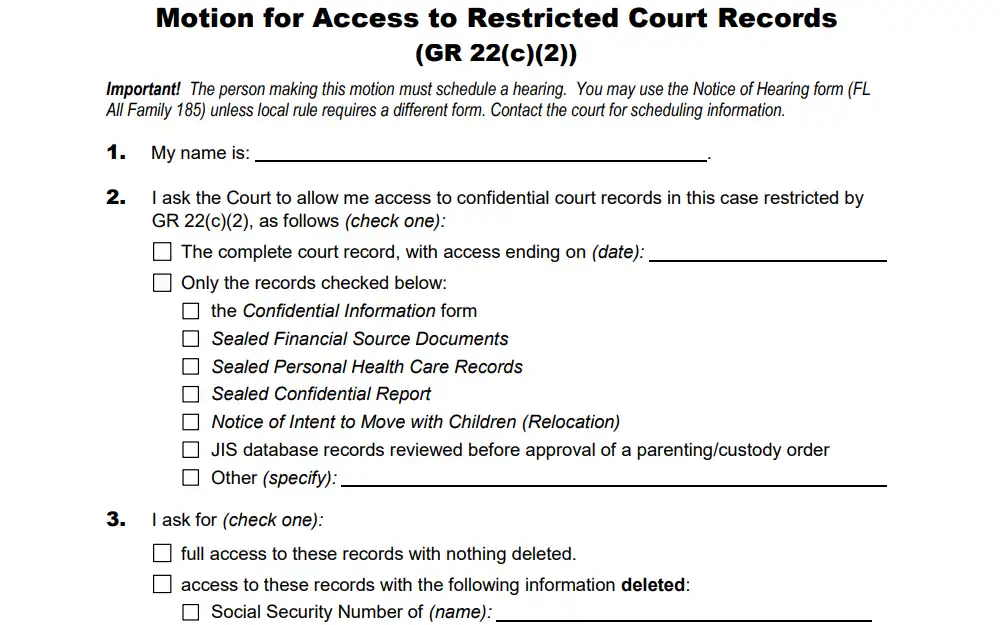A screenshot of the Motion and Declaration to Allow Access to Records form, which the user can fill out to access family law and guardianship cases.