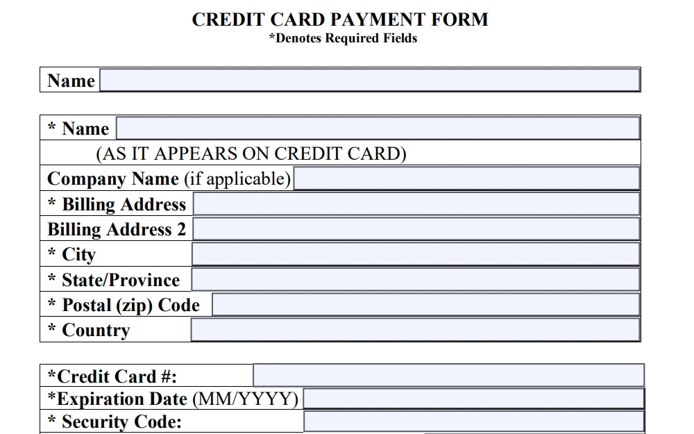 A screenshot of the credit card payment form the user must fill out if they are paying by credit card.