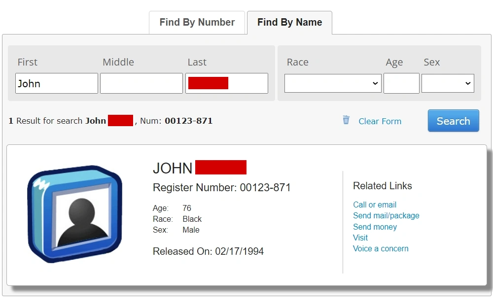 A screenshot of a federal inmate's information, where users of this free search resource can search by the subject’s name or BOP number if known.
