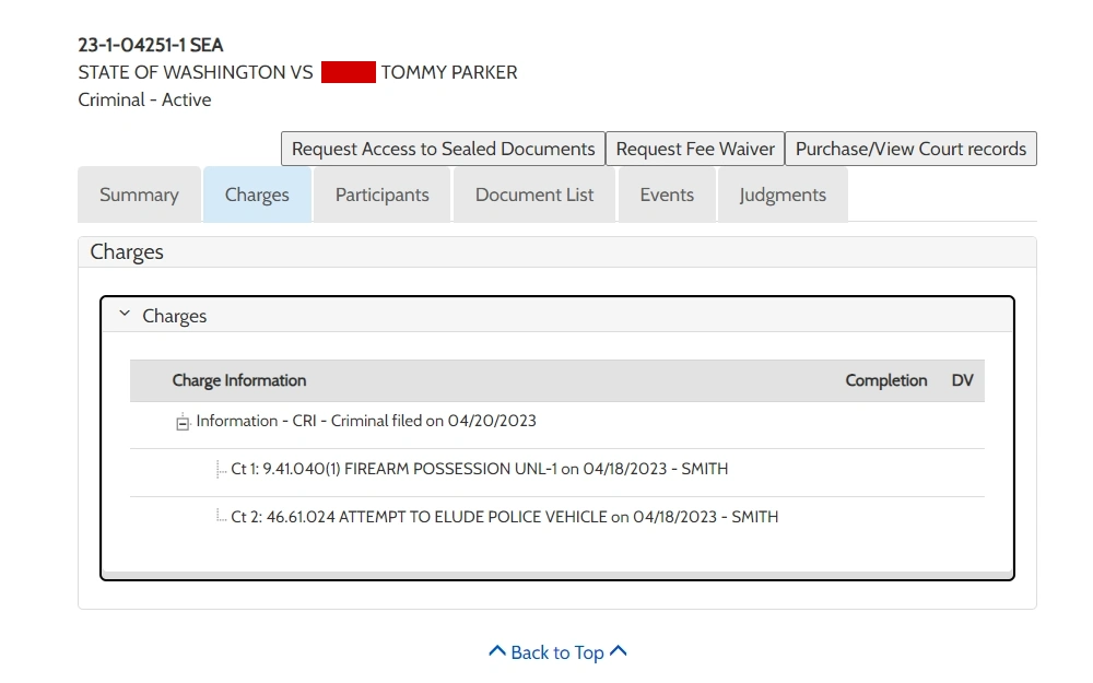 A screenshot of an inmate's details from the King County Superior Court search feature lets the user view the summary, charges, participants, document list, events, and judgments of an inmate.