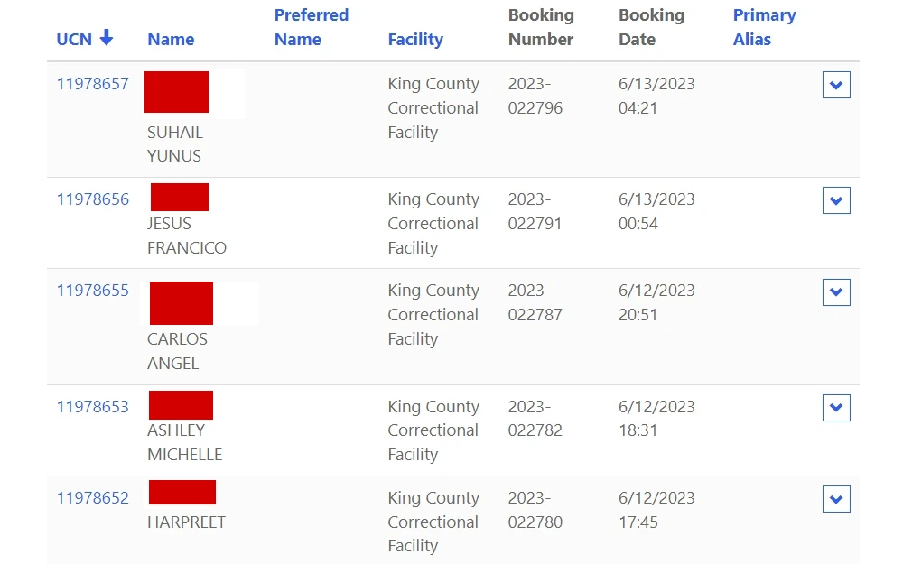 A screenshot of King County Jail Roster where the user can search for someone's criminal history.