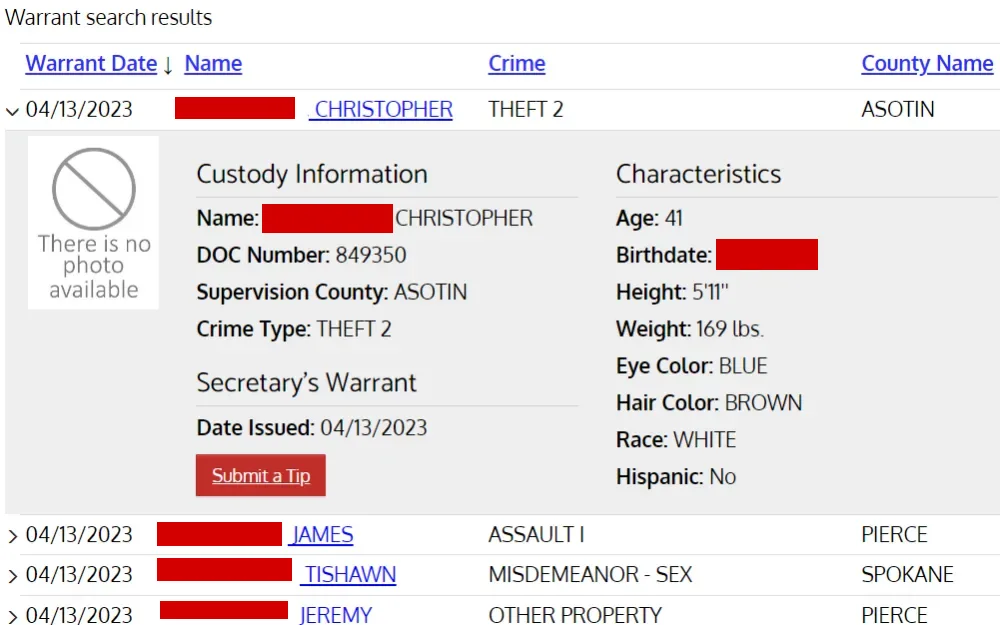 A screenshot of the centralized warrant search tool where searchers can see if a person has a warrant out for their arrest by providing their name, DOC number, crime, or county.