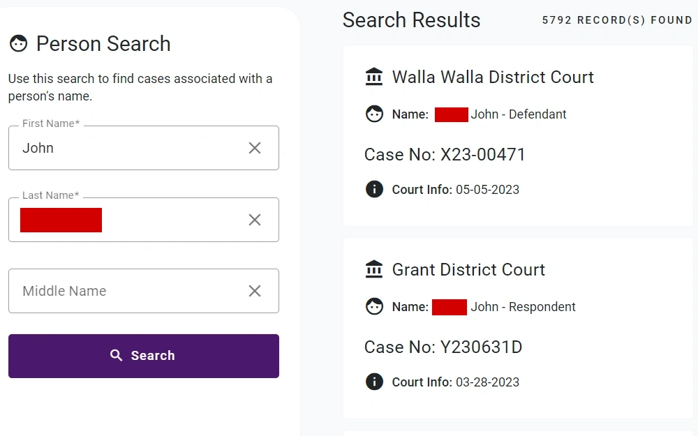 A screenshot of the Washington Courts search tool searchers can utilize to determine if someone has a criminal record by searching an individual's name.