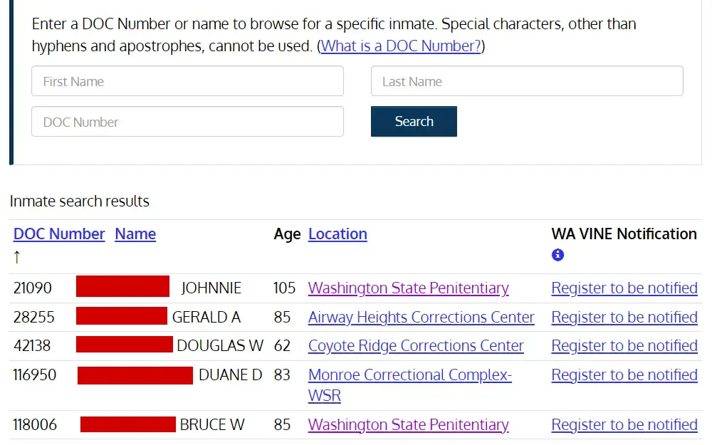 A screenshot of the Washington inmate search tool where the user can search an inmate by name or DOC number.