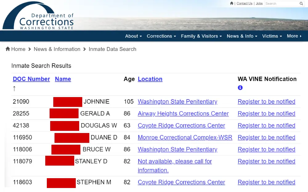 A screenshot of an Inmate search results showing the DOC number, name, location, age and Washington vine notification information from the Department of Corrections Washington State website.