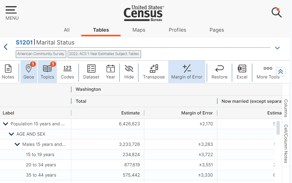 A screenshot of the search tool to view various data, including marriage statistics for the entire state of Washington.