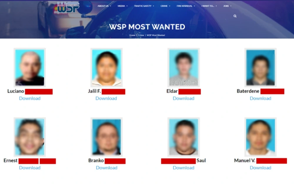 A screenshot of Washington State Police's most wanted persons showing their name, photo preview, and downloadable file of inmate information.