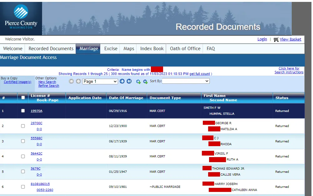 A screenshot of the search tool used to find marriage document in Pierce County.
