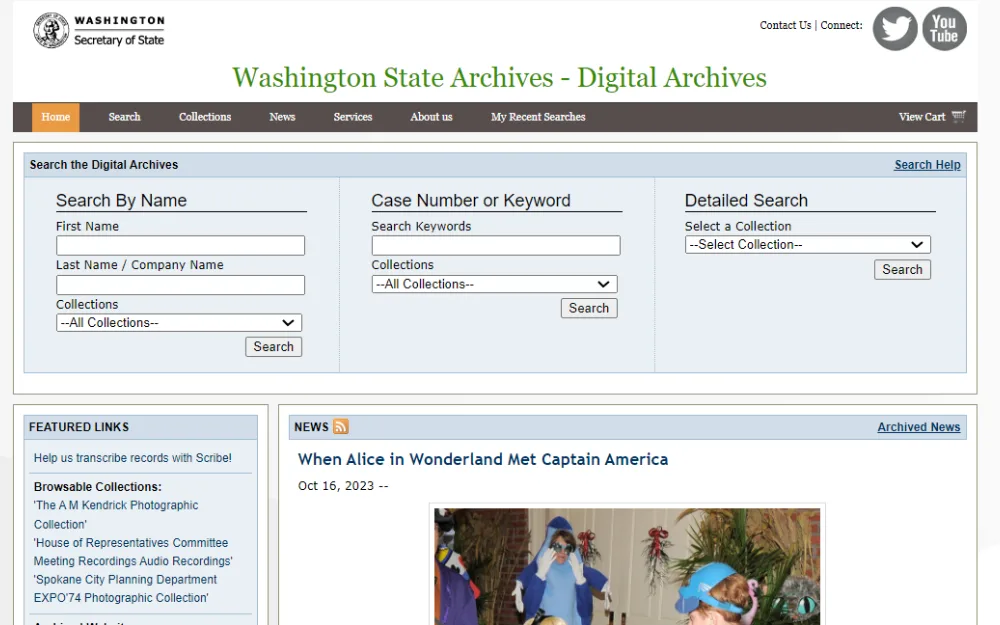 A screenshot of the Washington Digital Archives search portal. It has three search features: search by name, which requires filling out the first name, last name, or company name, and the type of collections; search by case number or keyword, which requires a keyword and the type of collection; and detailed search, which only requires selecting a collection type.