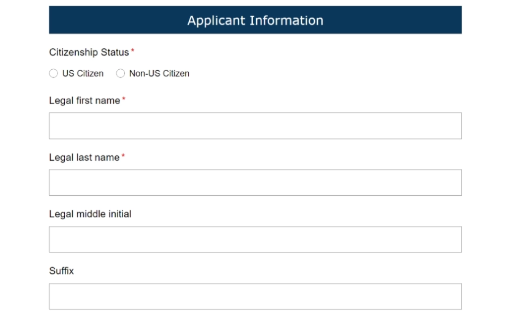 A screenshot of an application information form that requires filling out some information including the legal first, middle initial, and last name and suffix from the Department of Corrections Washington State website.