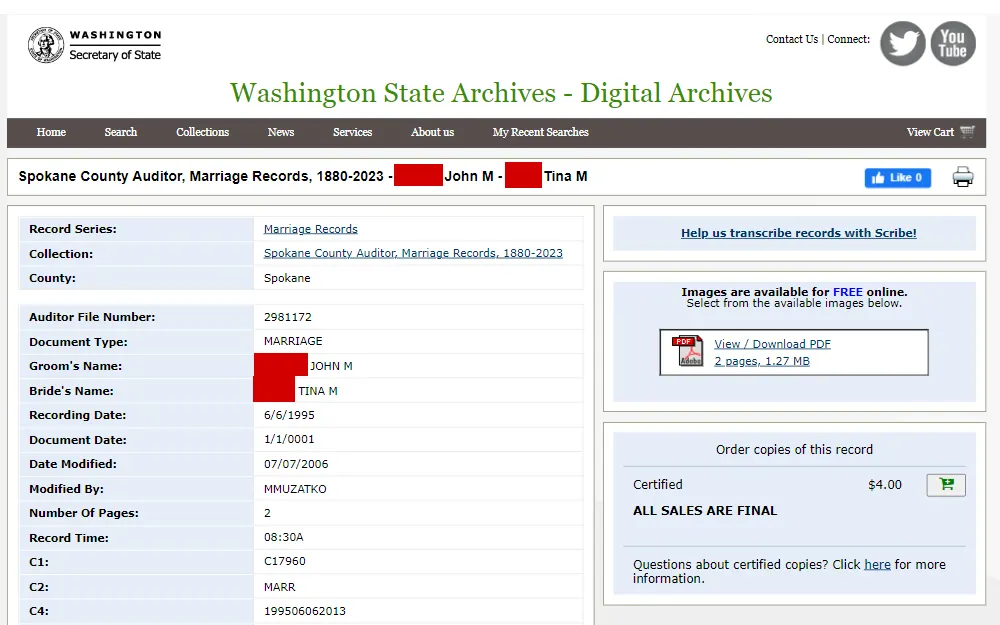 A screenshot of the search tool that provides details on marriage records from 1968 - 2017.