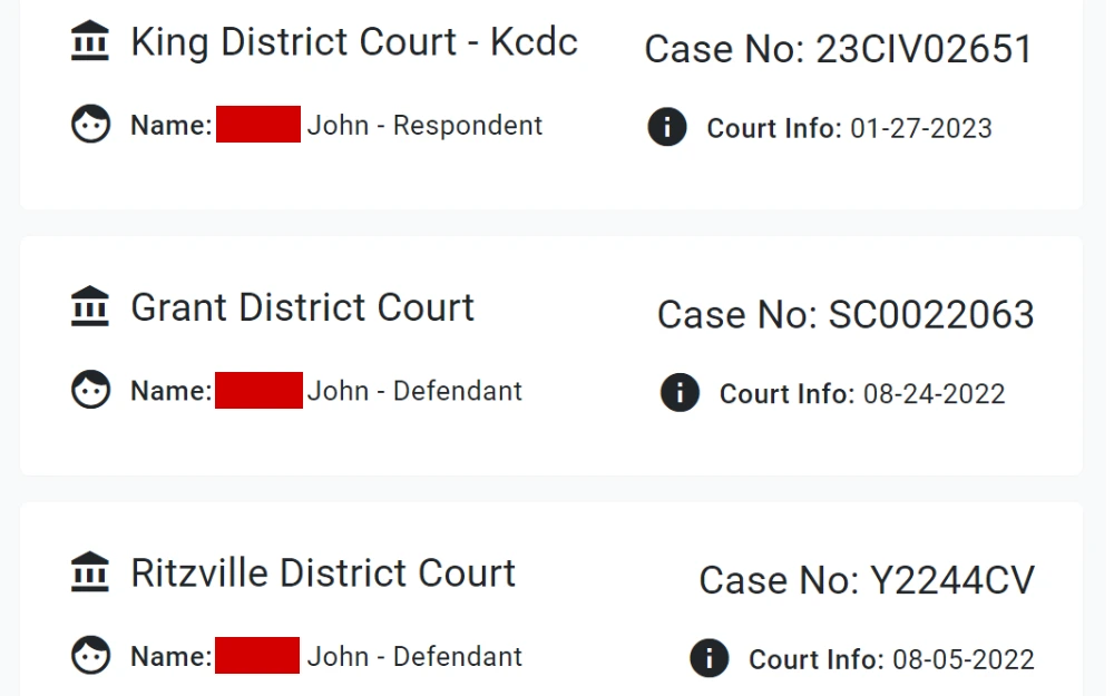 A screenshot of a personal name case search result from several district courts in Washington state, featuring the case number, court info, name of the respondent or defendant and the district court where the case is filed. 