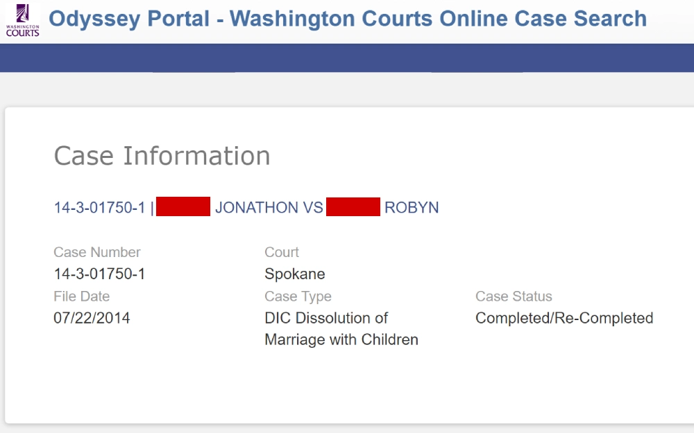A screenshot of an online divorce case search result from Washington Courts displaying information such as the parties involved, case number, filing date, court house, case type, and case status. 