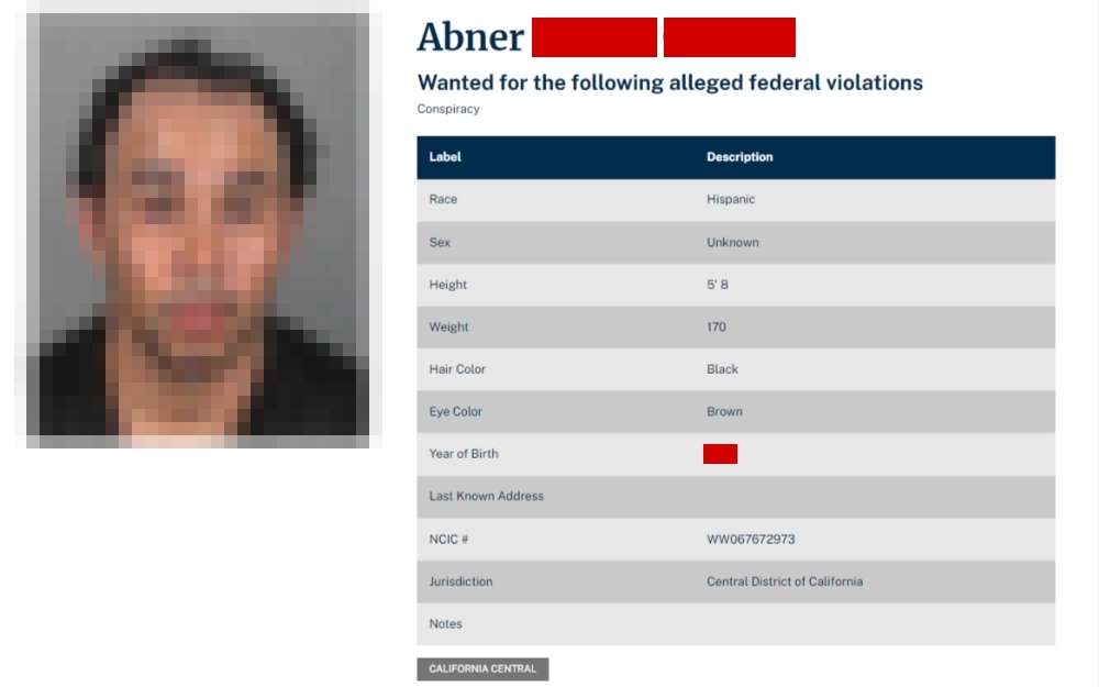 A screenshot displaying a fugitive information such as name, race, sex, height, weight, hair color, eye color, year of birth, last known address, NCIC#, jurisdiction and notes from the United States Drug Enforcement Administration website.