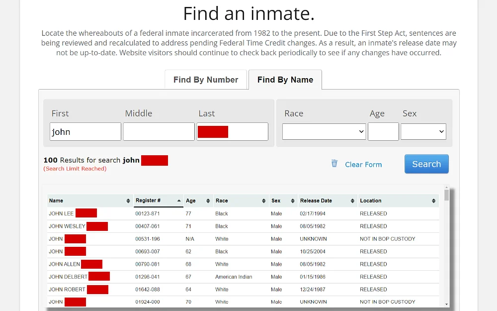 A screenshot showing a find an inmate search showing a search toolbar to find by name with criteria such as first, middle and last name, race, age and sex, and results with additional details such as register number.