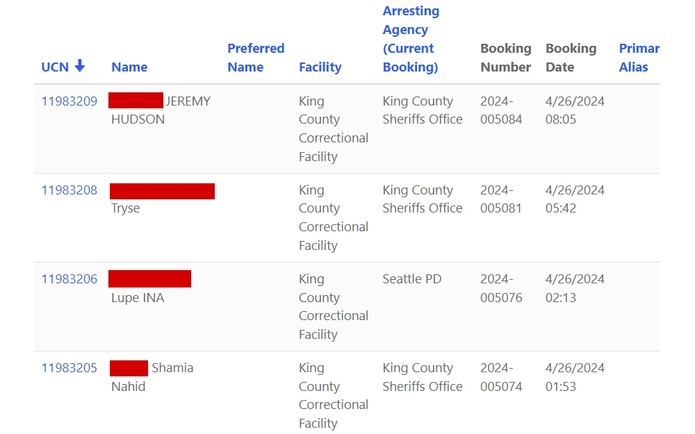 A screenshot from the database maintained by King County lists the recent arrests, including the UCN, name, preferred name, facility, arresting agency, booking number, booking date, and primary alias.