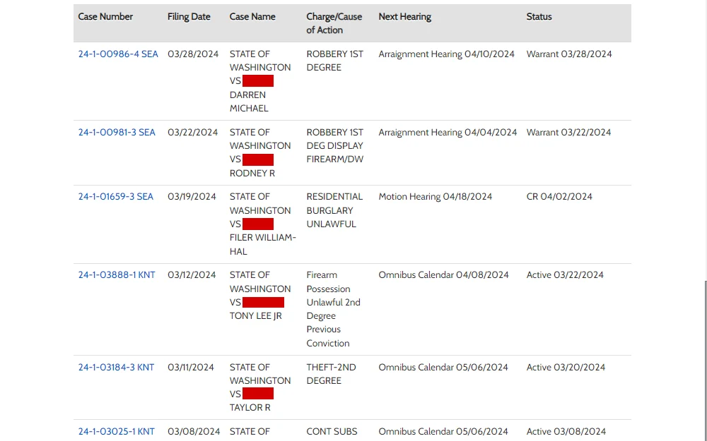Screenshot of the case search results from King County Superior Court Clerk's Office, listing the following details in columns, from left to right: case number, filing date, case name, charge, next hearing type and date, and status.