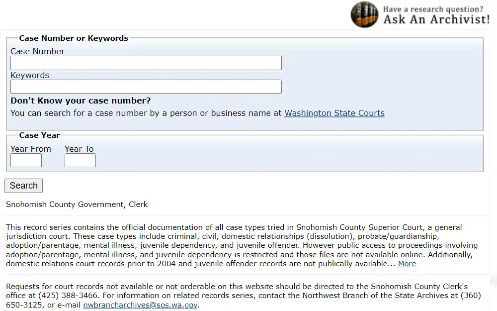 Screenshot of the search tool for Snohomish County Superior Court case files from Washington State Archives displaying the input fields for case number, keywords, and date range, followed by the record creator, description of record content, and related records.