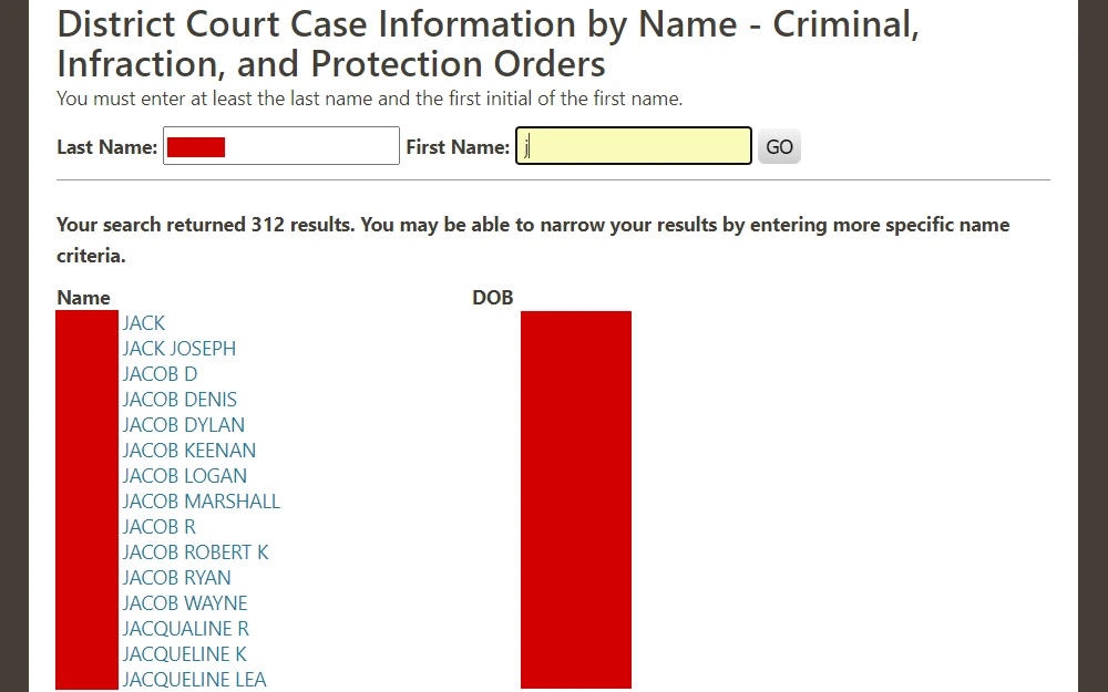 A screenshot from the Spokane County court viewer showing information from the district court, including input fields for searching by first and last name, search results with clickable offender names that link to corresponding case details, and their birthdays.