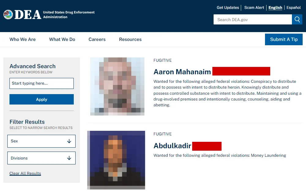 A screenshot of the wanted fugitives posted by the U.S. Drug Enforcement Administration includes the fugitives' mugshots, names, and alleged violations, together with a side panel containing an advanced search feature.
