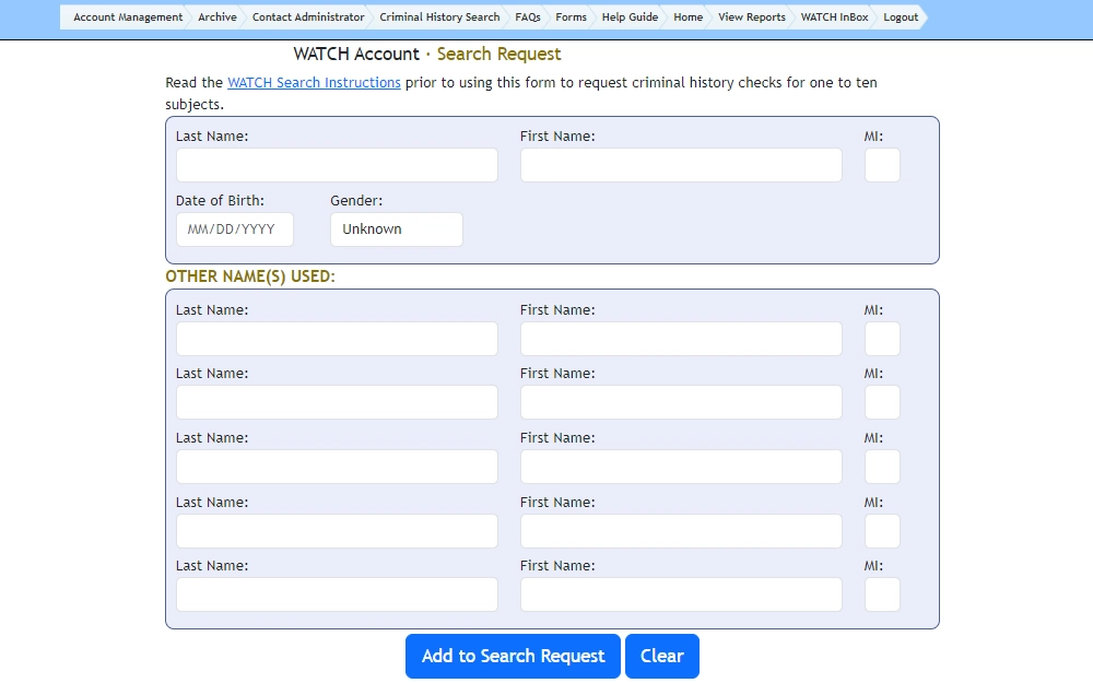 A screenshot of the search request form from the Washington Access to Criminal History (WATCH) website of Washington State Patrol shows a menu tab at the top, a text with a link to the instructions, followed by fields provided for the subject's name, date of birth, gender, and other names used.