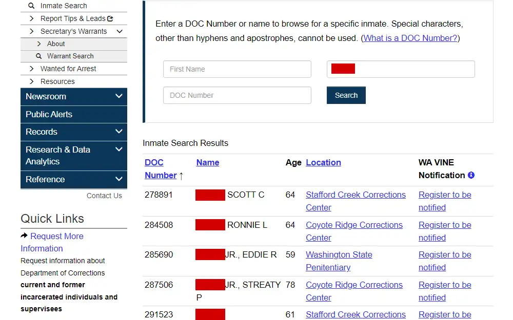 Screenshot taken from Washington State Department of Corrections displaying the inmate search tool with fields for first name, last name, and DOC number, followed by the results below, listing the inmates' DOC numbers, names, ages, locations, and the links to VINE registration.
