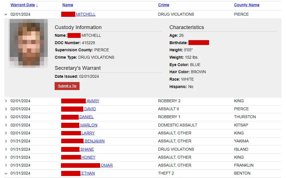 Screenshot of a warrant search from the Washington State Department of Corrections, with the results listed in columns including warrant date, name, crime, and county; and the details for the first offender are displayed within the table, including custody information, characteristics, secretary's warrant, and a mugshot.