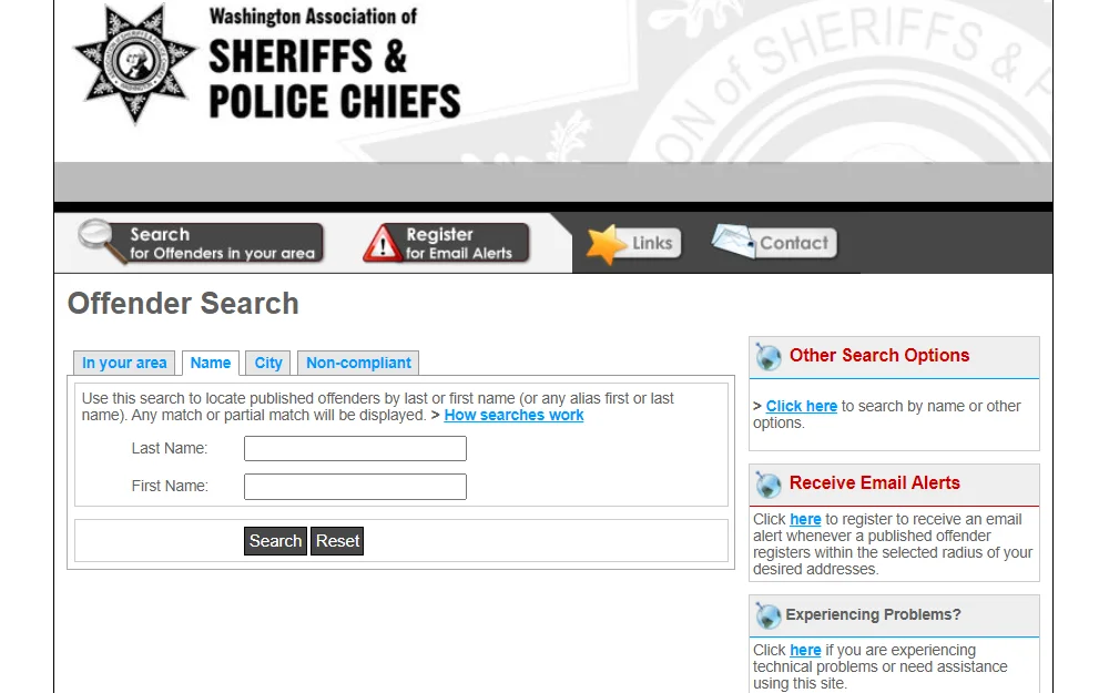 A screenshot of the offender search page from the Washington Association of Sheriffs and Police Chiefs displays the content under the 'Name' tab, including fields for last and first names.